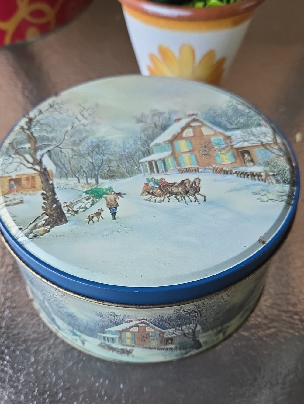 Vintage Small Holiday Winter Scene Decorative Tin - Blue ☆ Currier & Ives Style